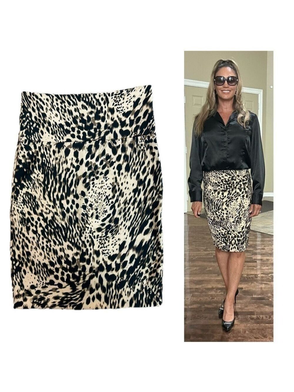 Analogy leopard cheetah animal print cream pencil skirt Sz M classy sexy career